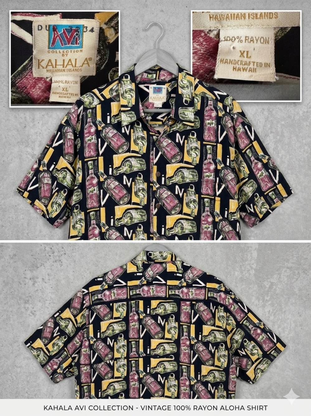 VTG Kahala Hawaiian Shirt Made in Hawaii Avi Collection Wine Liquor Bottles XL